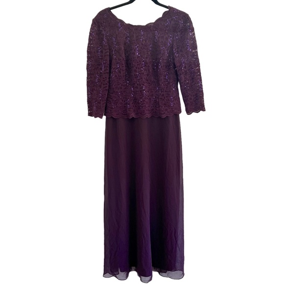 ALEX EVENINGS Sequined lace Floral 3/4 Sleeve long chiffon mock dress SZ  10P - Picture 4 of 9